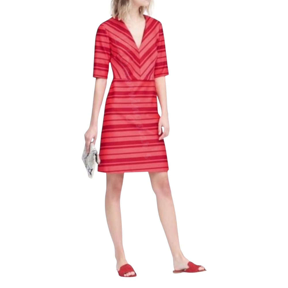 Banana Republic Pink Red Chevron V-Neck Elbow Sleeve Fitted Dress Size 10